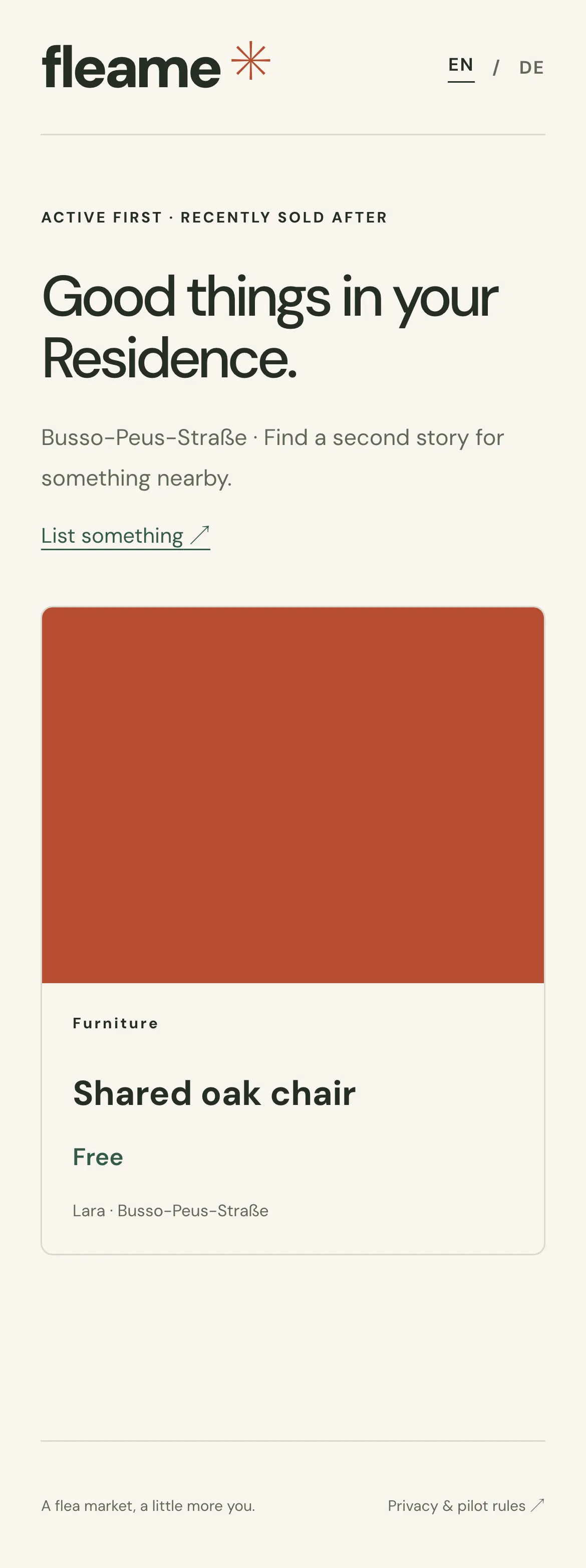 Fleame’s Discover page with a synthetic test listing for a shared oak chair.