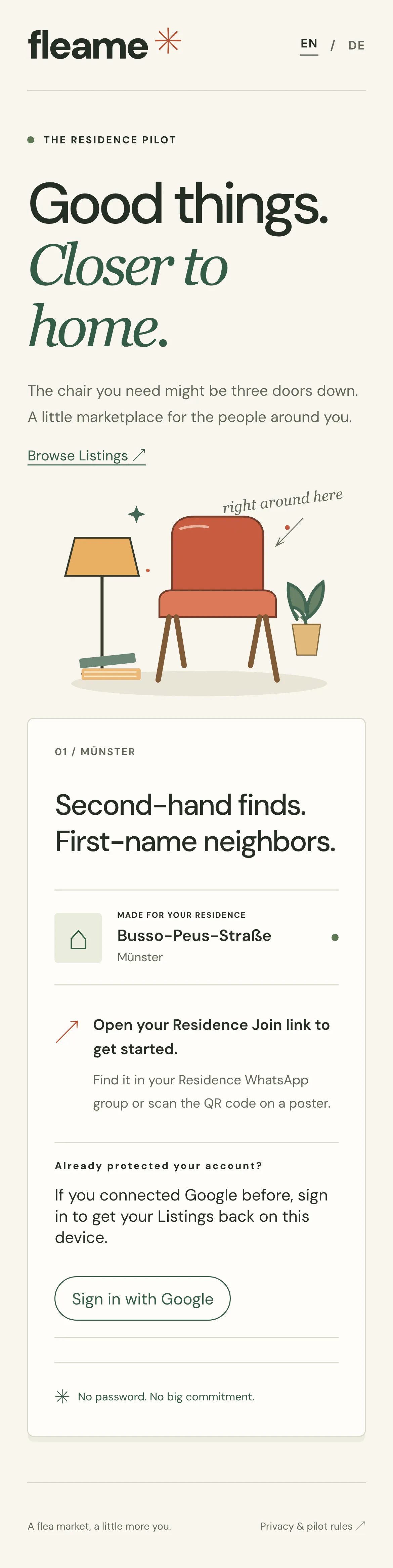 Fleame’s bilingual residence marketplace landing page, captured from the implemented app.